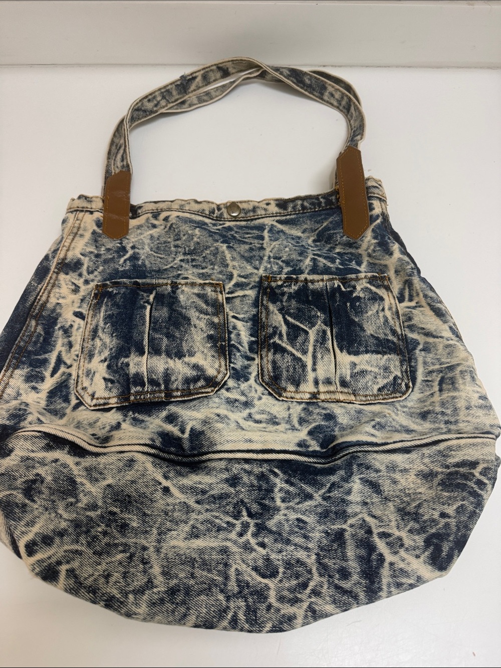 Source Unknown Acid-Wash Denim Tote with Brown Strap Tabs - Blue & Cream